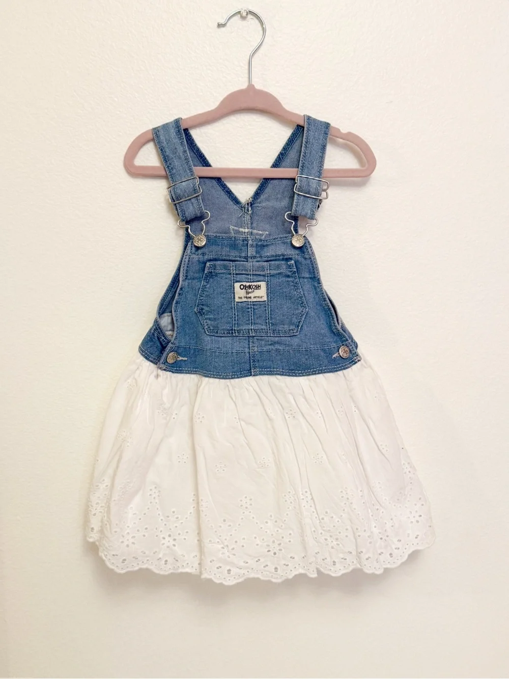 OshKosh B'gosh Blue Denim Eyelet Skirt Overall Dress - Blue and White